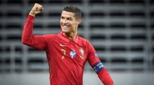 Cristiano Ronaldo celebrating after scoring his 100th international goal.