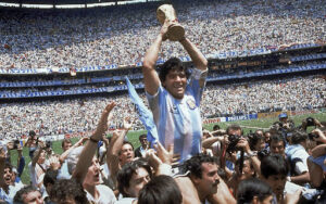 Maradona lifting World Cup Trophy after Argentina’s triumph in 1986.