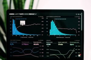 A laptop screen displays data analytics with graphs and charts